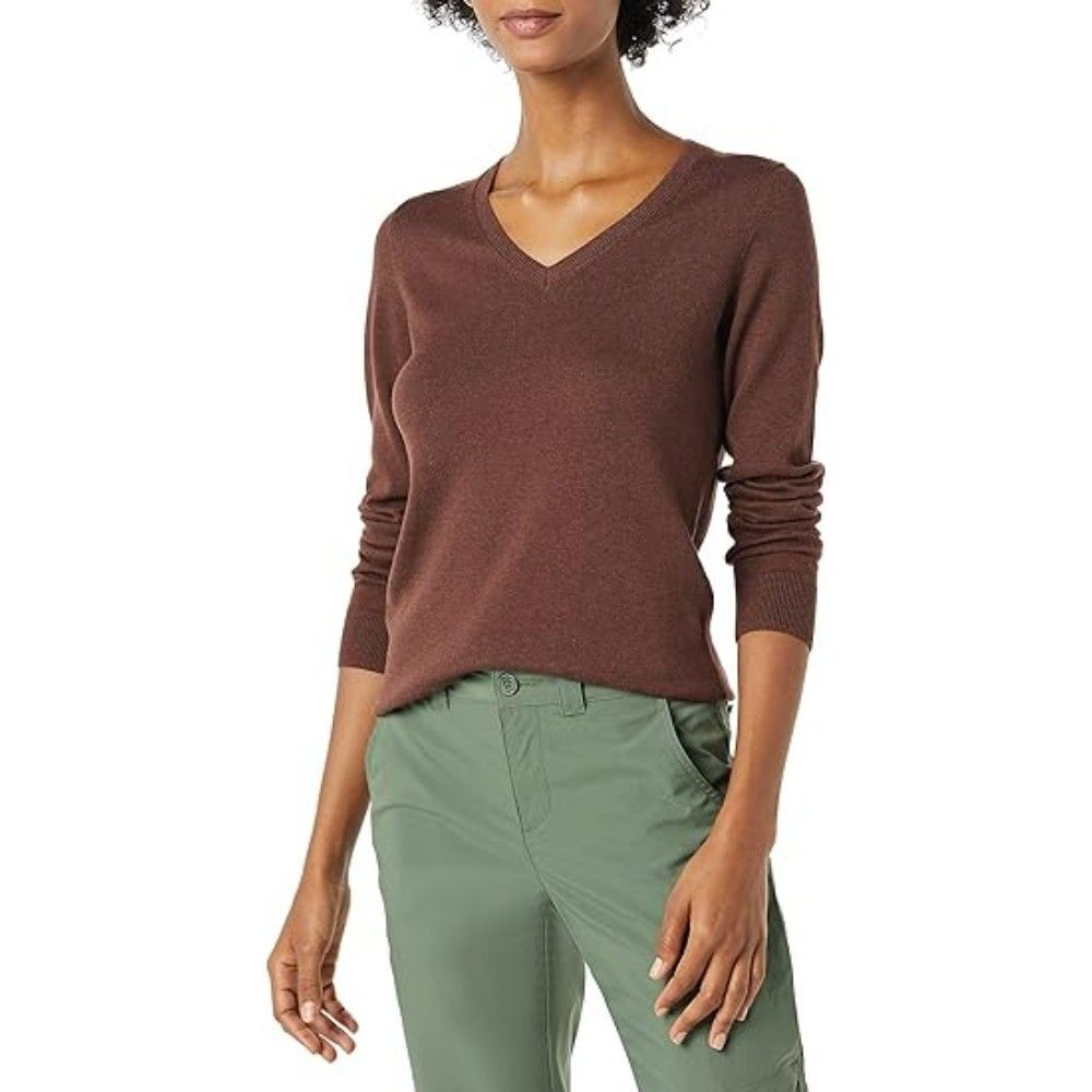 Amazon Essentials Women's V-Neck Sweater MEDIUM Dark Brown Heather Long-Sleeve